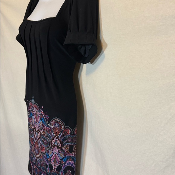 F-104 Ice Black & Colorful Print Pleated Short Sleeve MIDI Dress Size 10 - Picture 6 of 12